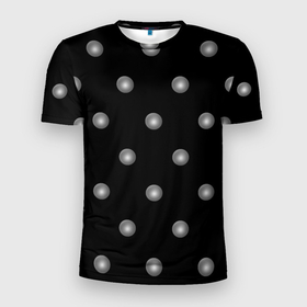 Мужская футболка 3D Slim с принтом Серый горох 3д на черном фоне в Екатеринбурге, 100% полиэстер с улучшенными характеристиками | приталенный силуэт, круглая горловина, широкие плечи, сужается к линии бедра | 3д | геометрия | горошек | круг | симметрия | сфера | черно белый | шар