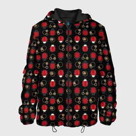Мужская куртка 3D с принтом Красные Божьи коровки на черном фоне ladybug в Петрозаводске, ткань верха — 100% полиэстер, подклад — флис | прямой крой, подол и капюшон оформлены резинкой с фиксаторами, два кармана без застежек по бокам, один большой потайной карман на груди. Карман на груди застегивается на липучку | beetles | black | ladybug | red | божья коровка | детский | жуки | красный | черный