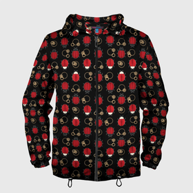 Мужская ветровка 3D с принтом Красные Божьи коровки на черном фоне ladybug в Новосибирске, 100% полиэстер | подол и капюшон оформлены резинкой с фиксаторами, два кармана без застежек по бокам, один потайной карман на груди | beetles | black | ladybug | red | божья коровка | детский | жуки | красный | черный