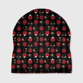 Шапка 3D с принтом Красные Божьи коровки на черном фоне ladybug в Тюмени, 100% полиэстер | универсальный размер, печать по всей поверхности изделия | beetles | black | ladybug | red | божья коровка | детский | жуки | красный | черный