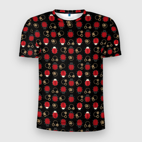 Мужская футболка 3D Slim с принтом Красные Божьи коровки на черном фоне ladybug в Тюмени, 100% полиэстер с улучшенными характеристиками | приталенный силуэт, круглая горловина, широкие плечи, сужается к линии бедра | Тематика изображения на принте: beetles | black | ladybug | red | божья коровка | детский | жуки | красный | черный