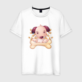 Мужская футболка хлопок с принтом Маленький щенок с косточкой в Тюмени, 100% хлопок | прямой крой, круглый вырез горловины, длина до линии бедер, слегка спущенное плечо. | кость | собака | собачка | собачка с костью | щенок