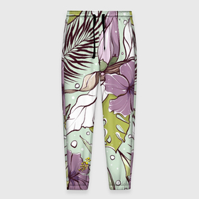 Мужские брюки 3D с принтом Розово сиреневые цветы петуньи с зеленовыми , бежевыми, белыми и коричневыми пальмовыми листами на мятном фоне в Тюмени, 100% полиэстер | манжеты по низу, эластичный пояс регулируется шнурком, по бокам два кармана без застежек, внутренняя часть кармана из мелкой сетки | Тематика изображения на принте: банановый лист | белые листья | бесшовный | зелёные листья | зеленый | летний паттерн | монстера | мятный | пальмовые листья | паттерн | петунья | розовые цветы | садовые цветы