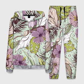 Мужской костюм 3D с принтом Розово сиреневые цветы петуньи с зеленовыми , бежевыми, белыми и коричневыми пальмовыми листами на мятном фоне в Тюмени, 100% полиэстер | Манжеты и пояс оформлены тканевой резинкой, двухслойный капюшон со шнурком для регулировки, карманы спереди | Тематика изображения на принте: банановый лист | белые листья | бесшовный | зелёные листья | зеленый | летний паттерн | монстера | мятный | пальмовые листья | паттерн | петунья | розовые цветы | садовые цветы