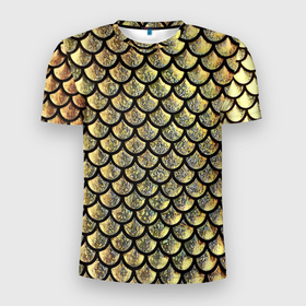Мужская футболка 3D Slim с принтом чешуя золотая в Белгороде, 100% полиэстер с улучшенными характеристиками | приталенный силуэт, круглая горловина, широкие плечи, сужается к линии бедра | блеск | дизайн | змеи | золотая чешуя