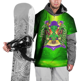 Накидка на куртку 3D с принтом Инопланетянин отдыхает  на пляже , 100% полиэстер |  | Тематика изображения на принте: инопланетянин | лето | нло | отдых | пальма | пляж