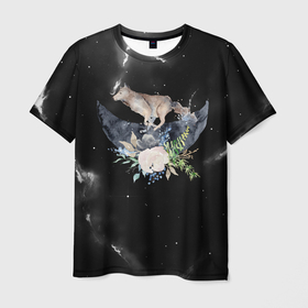Мужская футболка 3D с принтом Серый волк  на луне в Тюмени, 100% полиэфир | прямой крой, круглый вырез горловины, длина до линии бедер | волк | волчица | луна | меся | серый вол | серый волк на луне