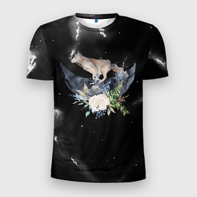 Мужская футболка 3D Slim с принтом Серый волк  на луне в Белгороде, 100% полиэстер с улучшенными характеристиками | приталенный силуэт, круглая горловина, широкие плечи, сужается к линии бедра | волк | волчица | луна | меся | серый вол | серый волк на луне