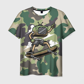 Мужская футболка 3D с принтом Человек   телевизор на скейте в Екатеринбурге, 100% полиэфир | прямой крой, круглый вырез горловины, длина до линии бедер | скейт | скейтер | тв | телевизор | человек   телевизор