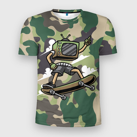 Мужская футболка 3D Slim с принтом Человек   телевизор на скейте в Санкт-Петербурге, 100% полиэстер с улучшенными характеристиками | приталенный силуэт, круглая горловина, широкие плечи, сужается к линии бедра | скейт | скейтер | тв | телевизор | человек   телевизор