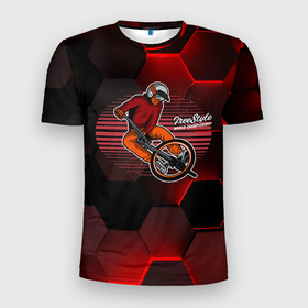 Мужская футболка 3D Slim с принтом Велосипедист     экстрим в Екатеринбурге, 100% полиэстер с улучшенными характеристиками | приталенный силуэт, круглая горловина, широкие плечи, сужается к линии бедра | sport | вело | велосипед | велосипедист | спорт | экстрим