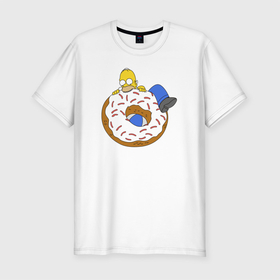 Мужская футболка хлопок Slim с принтом Большой пончик с глазурью  принт Гомер в Новосибирске, 92% хлопок, 8% лайкра | приталенный силуэт, круглый вырез ворота, длина до линии бедра, короткий рукав | арт | мультсериал | пончик | принт | симпсоны