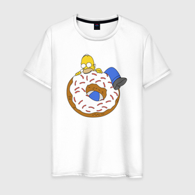 Мужская футболка хлопок с принтом Большой пончик с глазурью  принт Гомер в Санкт-Петербурге, 100% хлопок | прямой крой, круглый вырез горловины, длина до линии бедер, слегка спущенное плечо. | Тематика изображения на принте: арт | мультсериал | пончик | принт | симпсоны