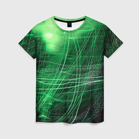 Женская футболка 3D с принтом Неоновые волны и линии   Зелёный в Санкт-Петербурге, 100% полиэфир ( синтетическое хлопкоподобное полотно) | прямой крой, круглый вырез горловины, длина до линии бедер | abstraction | art | artwork | colorful | colors | lines | neon | surrealism | waves | абстракция | арт | волны | искусство | линии | неон | разноцветный | сюрреализм | цвета