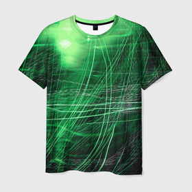 Мужская футболка 3D с принтом Неоновые волны и линии   Зелёный в Санкт-Петербурге, 100% полиэфир | прямой крой, круглый вырез горловины, длина до линии бедер | abstraction | art | artwork | colorful | colors | lines | neon | surrealism | waves | абстракция | арт | волны | искусство | линии | неон | разноцветный | сюрреализм | цвета