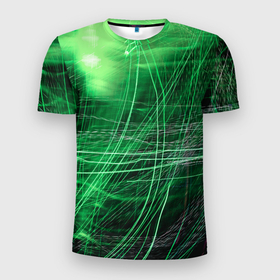 Мужская футболка 3D Slim с принтом Неоновые волны и линии   Зелёный в Екатеринбурге, 100% полиэстер с улучшенными характеристиками | приталенный силуэт, круглая горловина, широкие плечи, сужается к линии бедра | abstraction | art | artwork | colorful | colors | lines | neon | surrealism | waves | абстракция | арт | волны | искусство | линии | неон | разноцветный | сюрреализм | цвета