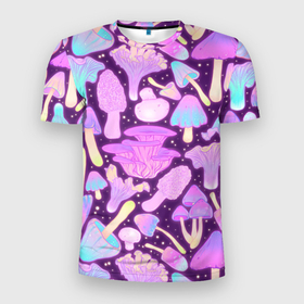 Мужская футболка 3D Slim с принтом Неоновые грибочки в Тюмени, 100% полиэстер с улучшенными характеристиками | приталенный силуэт, круглая горловина, широкие плечи, сужается к линии бедра | грибочки | грибы | неон | неоновые грибы | паттерн