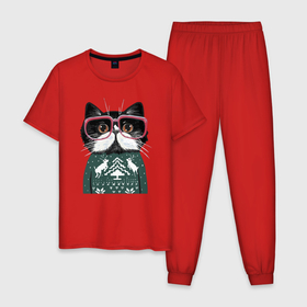 Мужская пижама хлопок с принтом Умный кот в очках в новогоднем свитере в Новосибирске, 100% хлопок | брюки и футболка прямого кроя, без карманов, на брюках мягкая резинка на поясе и по низу штанин
 | cat | deers | ears | eyes | holiday | kitten | moustache | muzzle | new year | sweater | глаза | кот | котёнок | кошка | новый год | олени | очки | праздник | свитер | усы | уши