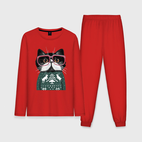 Мужская пижама хлопок (с лонгсливом) с принтом Умный кот в очках в новогоднем свитере в Санкт-Петербурге,  |  | cat | deers | ears | eyes | holiday | kitten | moustache | muzzle | new year | sweater | глаза | кот | котёнок | кошка | новый год | олени | очки | праздник | свитер | усы | уши
