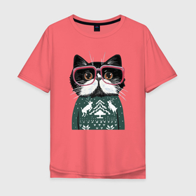 Мужская футболка хлопок Oversize с принтом Умный кот в очках в новогоднем свитере в Тюмени, 100% хлопок | свободный крой, круглый ворот, “спинка” длиннее передней части | cat | deers | ears | eyes | holiday | kitten | moustache | muzzle | new year | sweater | глаза | кот | котёнок | кошка | новый год | олени | очки | праздник | свитер | усы | уши