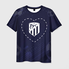 Мужская футболка 3D с принтом Лого Atletico Madrid в сердечке на фоне мячей в Белгороде, 100% полиэфир | прямой крой, круглый вырез горловины, длина до линии бедер | 