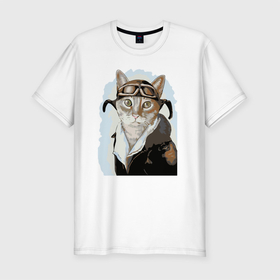 Мужская футболка хлопок Slim с принтом Бравый кот пилот   ВВС в Новосибирске, 92% хлопок, 8% лайкра | приталенный силуэт, круглый вырез ворота, длина до линии бедра, короткий рукав | cat | eyes | helmet | kitten | muzzle | nose | pilot | view | взгляд | глаза | кот | котёнок | кошка | нос | очки | пилот | шлем