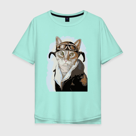 Мужская футболка хлопок Oversize с принтом Бравый кот пилот   ВВС в Новосибирске, 100% хлопок | свободный крой, круглый ворот, “спинка” длиннее передней части | cat | eyes | helmet | kitten | muzzle | nose | pilot | view | взгляд | глаза | кот | котёнок | кошка | нос | очки | пилот | шлем