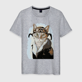 Мужская футболка хлопок с принтом Бравый кот пилот   ВВС в Новосибирске, 100% хлопок | прямой крой, круглый вырез горловины, длина до линии бедер, слегка спущенное плечо. | cat | eyes | helmet | kitten | muzzle | nose | pilot | view | взгляд | глаза | кот | котёнок | кошка | нос | очки | пилот | шлем