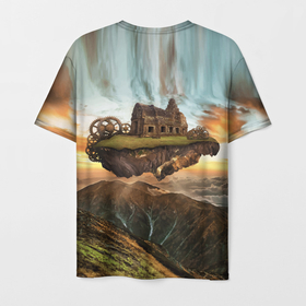 Мужская футболка 3D с принтом Горный пейзаж в стиле Стимпанк в Курске, 100% полиэфир | прямой крой, круглый вырез горловины, длина до линии бедер | Тематика изображения на принте: clouds | gears | hut | landscape | mountains | nature | sky | steampunk | горы | небо | облака | пейзаж | природа | стимпанк | хижина | шестерёнки