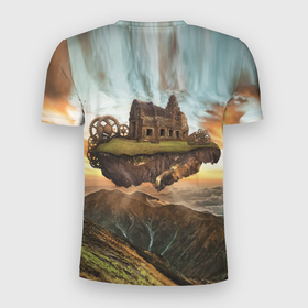 Мужская футболка 3D Slim с принтом Горный пейзаж в стиле Стимпанк в Курске, 100% полиэстер с улучшенными характеристиками | приталенный силуэт, круглая горловина, широкие плечи, сужается к линии бедра | Тематика изображения на принте: clouds | gears | hut | landscape | mountains | nature | sky | steampunk | горы | небо | облака | пейзаж | природа | стимпанк | хижина | шестерёнки