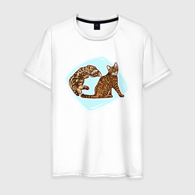 Мужская футболка хлопок с принтом Бенгальская кошка в Белгороде, 100% хлопок | прямой крой, круглый вырез горловины, длина до линии бедер, слегка спущенное плечо. | bengal cat | cat | cats | one island | бенгальская кошка | детский рисунок | детское | для детей | для ребенка | животные | игривые кошки | котята | кошка | кошки | лето | один остров | природа | пятнистые кошки