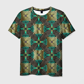 Мужская футболка 3D с принтом Золотые и зеленые квадраты абстракция , 100% полиэфир | прямой крой, круглый вырез горловины, длина до линии бедер | Тематика изображения на принте: абстракция | бутоны | геометрия | узор | узоры | цветы