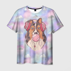 Мужская футболка 3D с принтом Собачка надувает  жвачный пузырь в Петрозаводске, 100% полиэфир | прямой крой, круглый вырез горловины, длина до линии бедер | Тематика изображения на принте: жвачка | жвачный пузырь | пузырь | собака | собачка