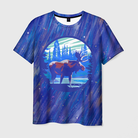 Мужская футболка 3D с принтом Лось в лесу  Blue в Кировске, 100% полиэфир | прямой крой, круглый вырез горловины, длина до линии бедер | лес | лось | лось в лесу | рога | синий круг