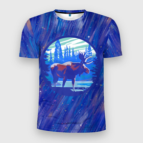 Мужская футболка 3D Slim с принтом Лось в лесу  Blue в Новосибирске, 100% полиэстер с улучшенными характеристиками | приталенный силуэт, круглая горловина, широкие плечи, сужается к линии бедра | лес | лось | лось в лесу | рога | синий круг