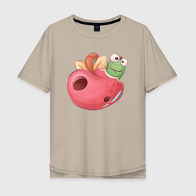 Мужская футболка хлопок Oversize с принтом Червяк в яблоке в Курске, 100% хлопок | свободный крой, круглый ворот, “спинка” длиннее передней части | Тематика изображения на принте: червивое | червь | червяк | яблоко | яблочко