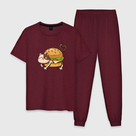 Мужская пижама хлопок с принтом Кот   гамбургер в Новосибирске, 100% хлопок | брюки и футболка прямого кроя, без карманов, на брюках мягкая резинка на поясе и по низу штанин
 | бигмак | гамбургер | кот | котенок | кошка | мак | макдональдс