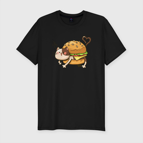 Мужская футболка хлопок Slim с принтом Кот   гамбургер в Белгороде, 92% хлопок, 8% лайкра | приталенный силуэт, круглый вырез ворота, длина до линии бедра, короткий рукав | бигмак | гамбургер | кот | котенок | кошка | мак | макдональдс