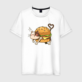 Мужская футболка хлопок с принтом Кот   гамбургер в Екатеринбурге, 100% хлопок | прямой крой, круглый вырез горловины, длина до линии бедер, слегка спущенное плечо. | бигмак | гамбургер | кот | котенок | кошка | мак | макдональдс