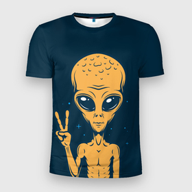 Мужская футболка 3D Slim с принтом Привет их космоса в Петрозаводске, 100% полиэстер с улучшенными характеристиками | приталенный силуэт, круглая горловина, широкие плечи, сужается к линии бедра | ufo | гуманоид | инопланетянин | космос | пришелец | существо