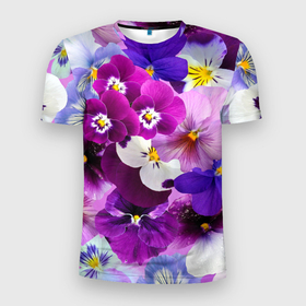 Мужская футболка 3D Slim с принтом CHARMING PANSIES в Петрозаводске, 100% полиэстер с улучшенными характеристиками | приталенный силуэт, круглая горловина, широкие плечи, сужается к линии бедра | botanical | bouquet | floral | garden | gre | nature | pansies | pink | plant | spring | summer | yellow | анютины глазки | ботанический | букет | весна | желтый | зеленый | красивый | красочный | лето | лист | природа | растение | розовый