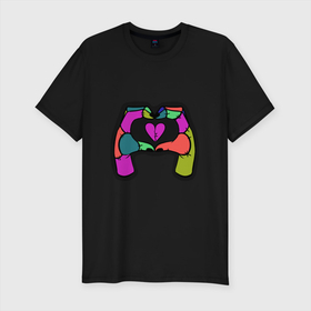 Мужская футболка хлопок Slim с принтом Жест сердце в Санкт-Петербурге, 92% хлопок, 8% лайкра | приталенный силуэт, круглый вырез ворота, длина до линии бедра, короткий рукав | жесты | заплатки | знаки | зомби | лоскуты | любовь | руки | сердце | язык жестов