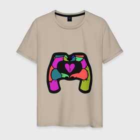 Мужская футболка хлопок с принтом Жест сердце в Новосибирске, 100% хлопок | прямой крой, круглый вырез горловины, длина до линии бедер, слегка спущенное плечо. | жесты | заплатки | знаки | зомби | лоскуты | любовь | руки | сердце | язык жестов
