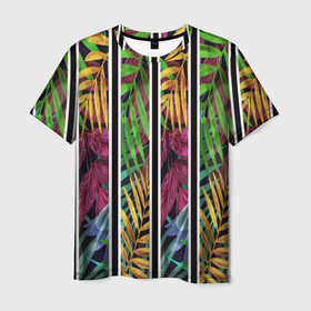 Мужская футболка 3D с принтом Пальмовые цветные полосы в Петрозаводске, 100% полиэфир | прямой крой, круглый вырез горловины, длина до линии бедер | весна | желтый | зеленый | красный | лето | пальма | полосы | радуга | цвет | черный