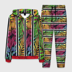 Мужской костюм 3D с принтом Пальмовые цветные полосы , 100% полиэстер | Манжеты и пояс оформлены тканевой резинкой, двухслойный капюшон со шнурком для регулировки, карманы спереди | весна | желтый | зеленый | красный | лето | пальма | полосы | радуга | цвет | черный