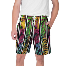 Мужские шорты 3D с принтом Пальмовые цветные полосы ,  полиэстер 100% | прямой крой, два кармана без застежек по бокам. Мягкая трикотажная резинка на поясе, внутри которой широкие завязки. Длина чуть выше колен | весна | желтый | зеленый | красный | лето | пальма | полосы | радуга | цвет | черный