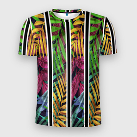 Мужская футболка 3D Slim с принтом Пальмовые цветные полосы в Курске, 100% полиэстер с улучшенными характеристиками | приталенный силуэт, круглая горловина, широкие плечи, сужается к линии бедра | весна | желтый | зеленый | красный | лето | пальма | полосы | радуга | цвет | черный
