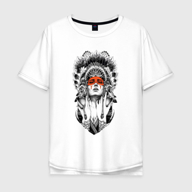 Мужская футболка хлопок Oversize с принтом Индеец арт  девушка в Белгороде, 100% хлопок | свободный крой, круглый ворот, “спинка” длиннее передней части | Тематика изображения на принте: арт | девушка | дикийзапад | индеец | принт
