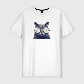 Мужская футболка хлопок Slim с принтом Арт кот в очках  принт в Санкт-Петербурге, 92% хлопок, 8% лайкра | приталенный силуэт, круглый вырез ворота, длина до линии бедра, короткий рукав | арт | животкое | кот | очки | принт