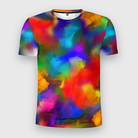 Мужская футболка 3D Slim с принтом Палитра художника в Екатеринбурге, 100% полиэстер с улучшенными характеристиками | приталенный силуэт, круглая горловина, широкие плечи, сужается к линии бедра | Тематика изображения на принте: взрыв красок | краски | многоцветие | палитра | радуга | разноцветная палитра